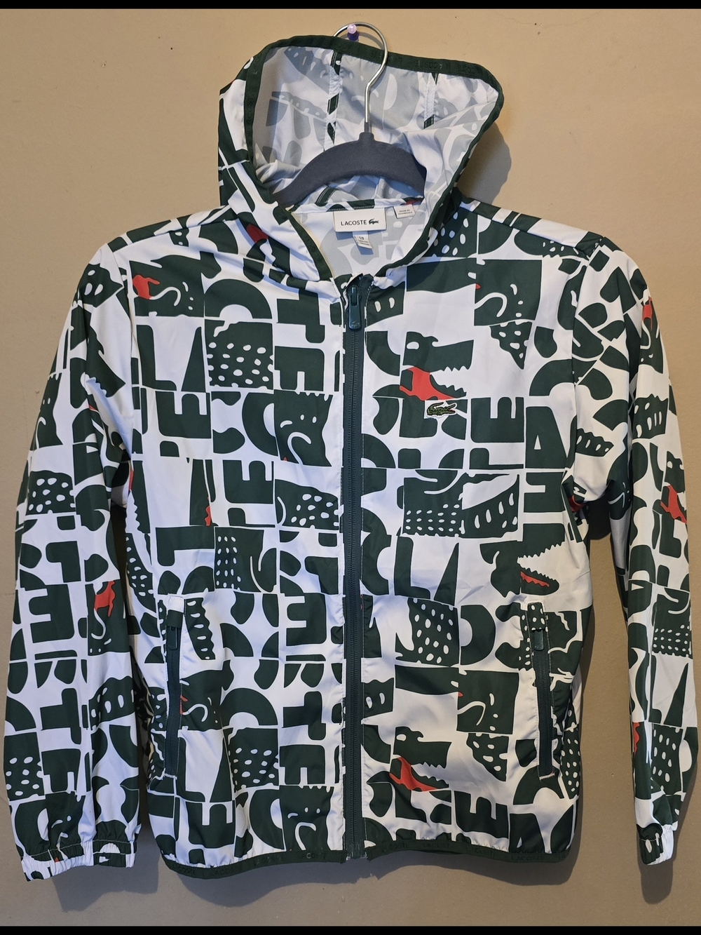 Lacoste Kids Hooded Logo Print Windbreaker - Green, White & Red
